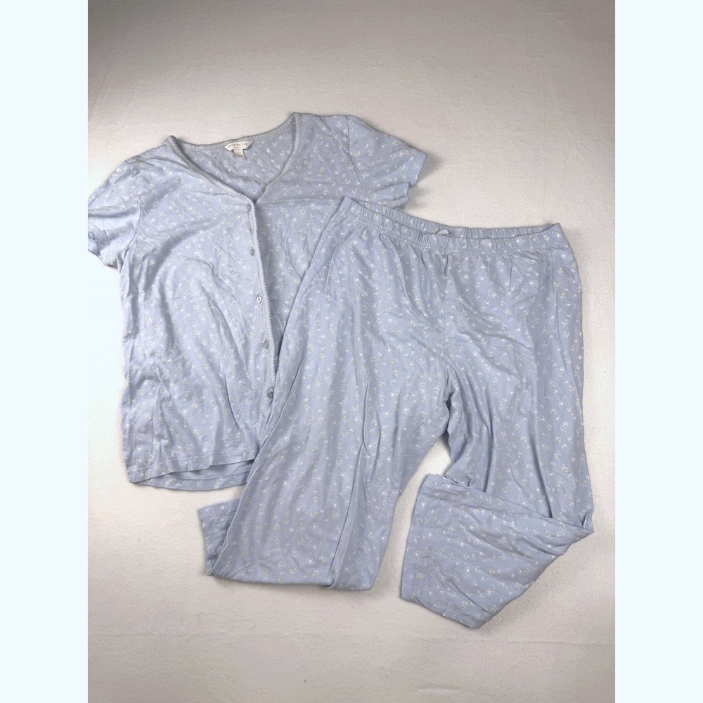 Charter Club Intimates Blue Paisley Cotton Pajama Set Womens Large Button Front